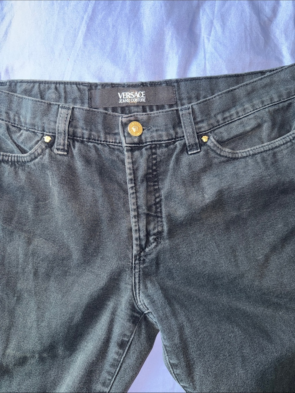 Versace Jeans Couture Black Denim Jeans With Medusa Gold Hardware